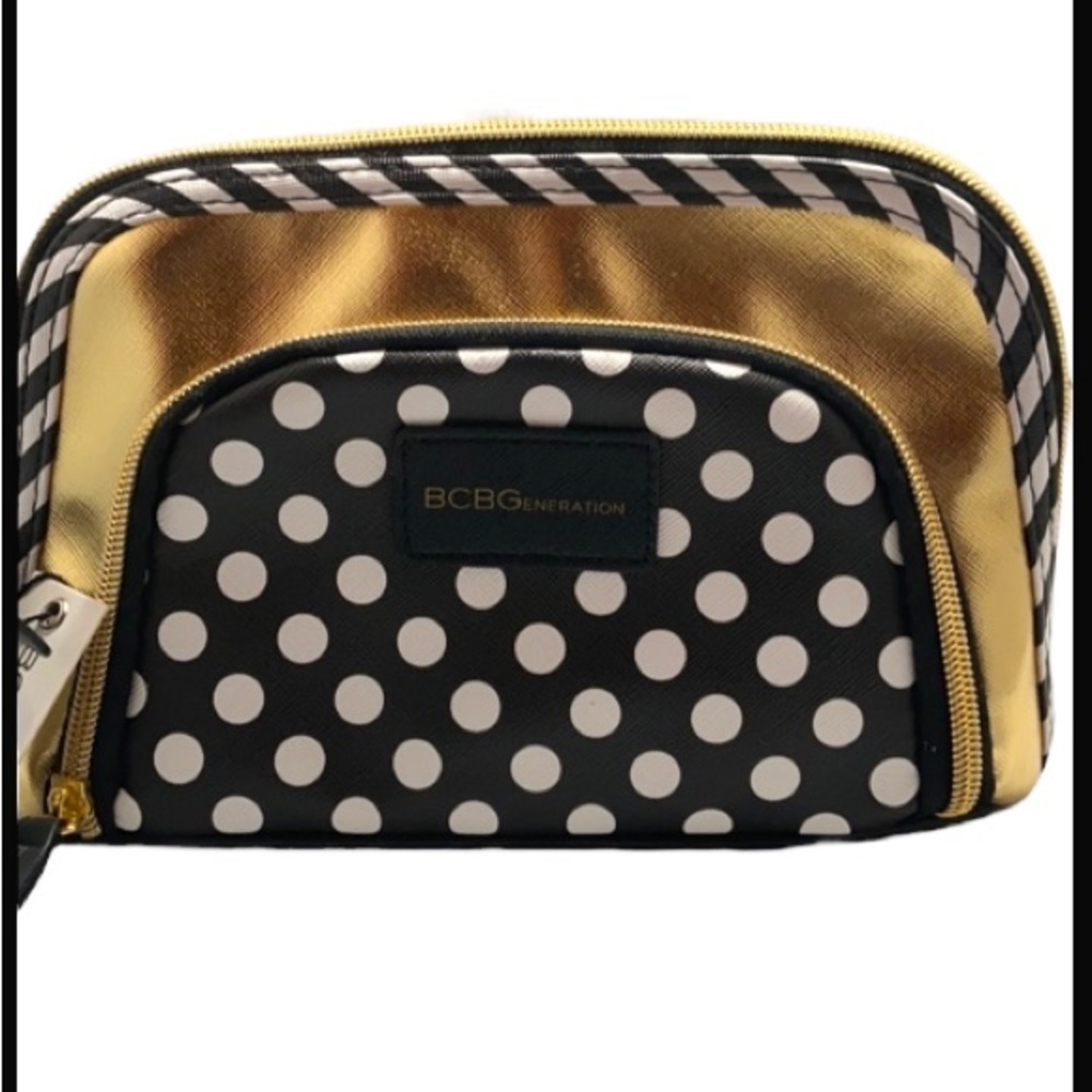BCBGeneration New Double Pouch Cosmetic Bag Gold Metallic Black with White Dots
